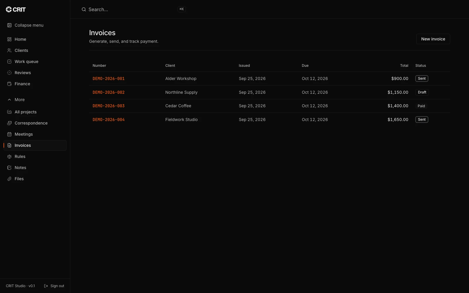 Invoice workspace