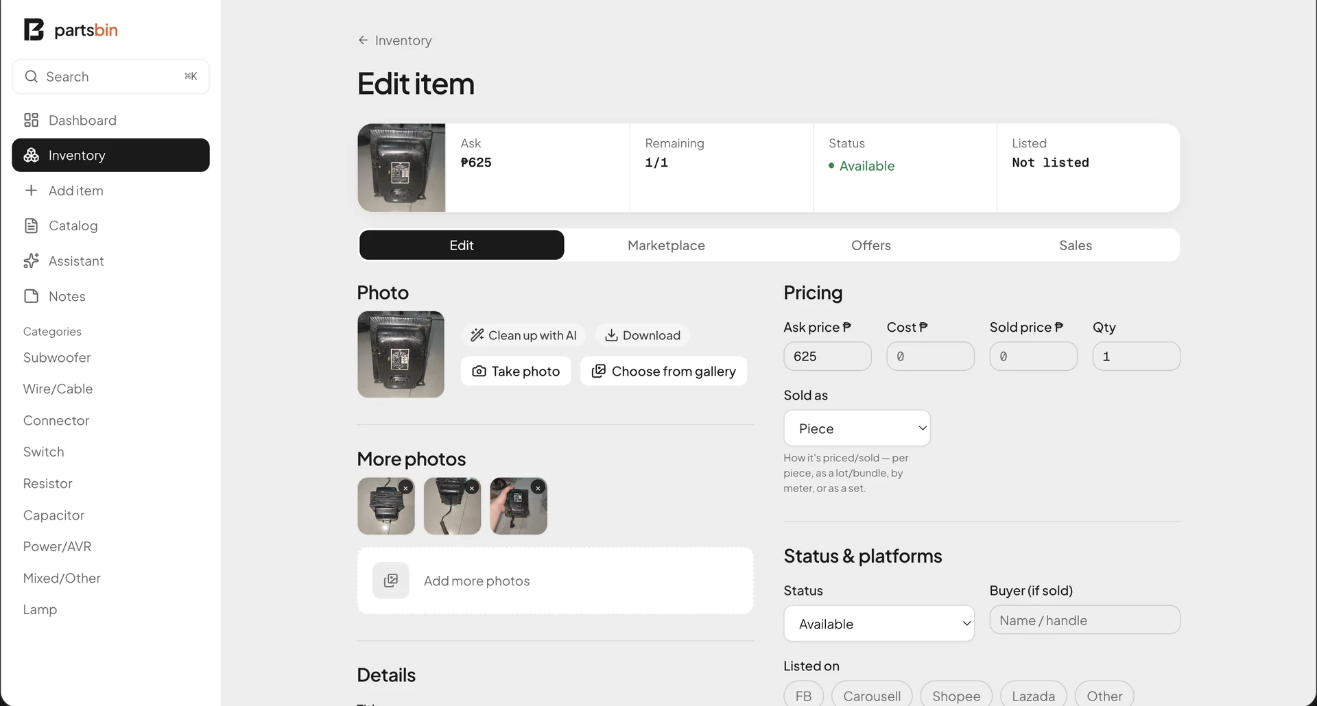 Item photos and pricing