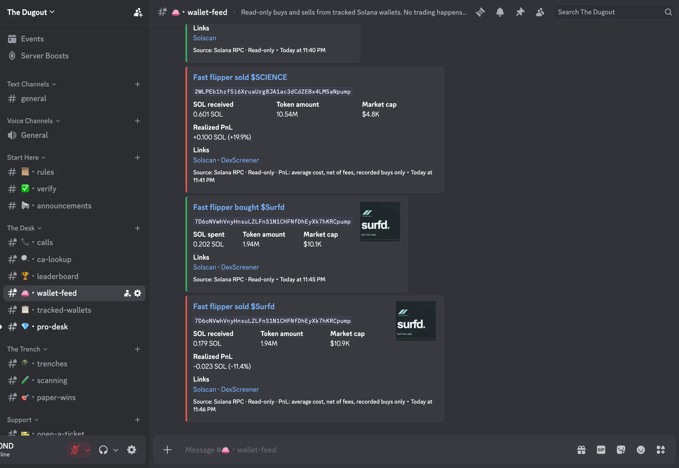 The Dugout Discord server run by Trench Desk: themed channels on the left and a wallet feed of pump.fun buys and sells with realized profit and loss on each sell